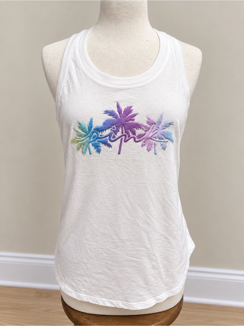 VS PINK White Tank with Rainbow Palm Embroidery